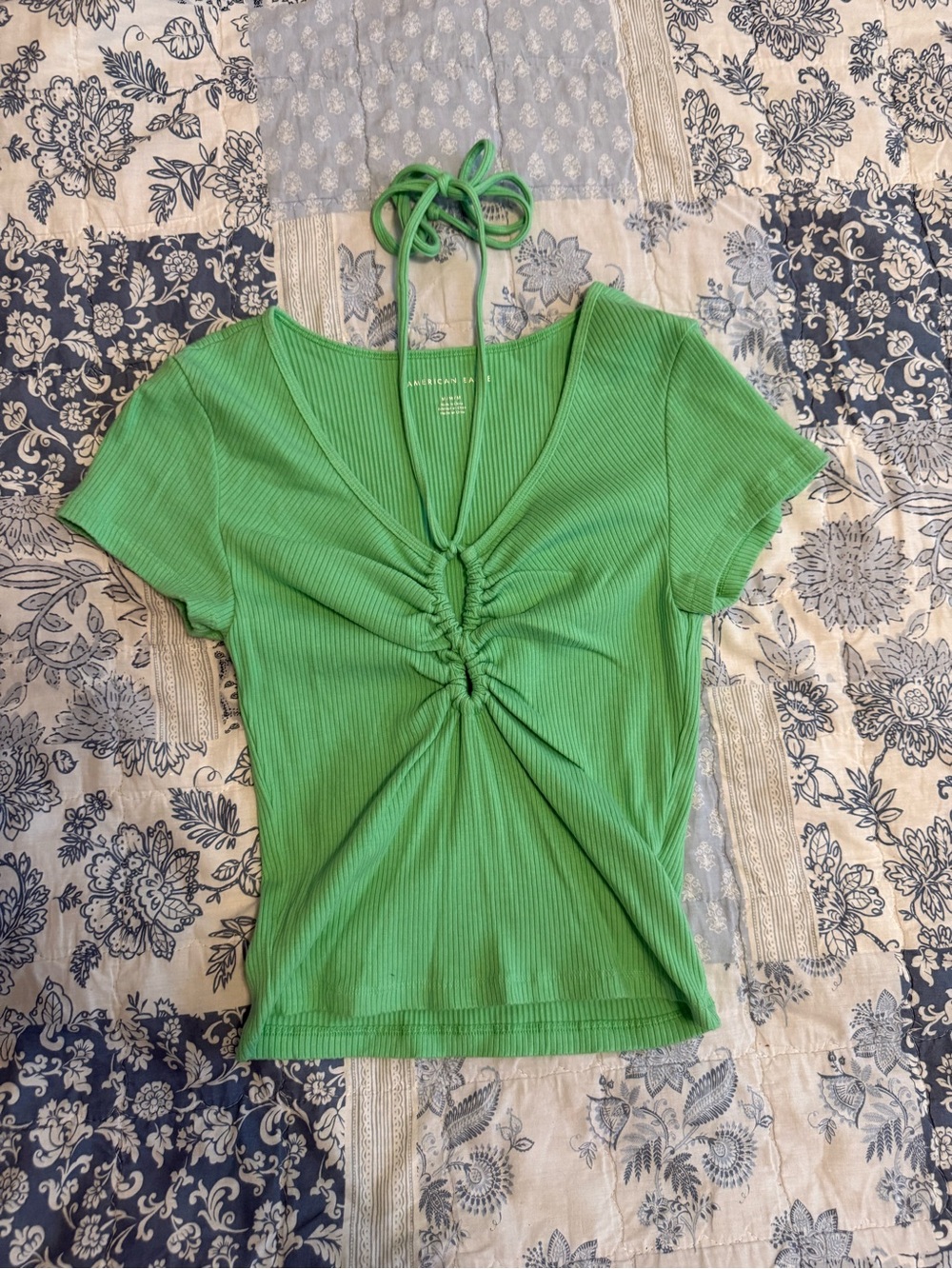 American Eagle Green Ruched Halter Tie Ribbed Top